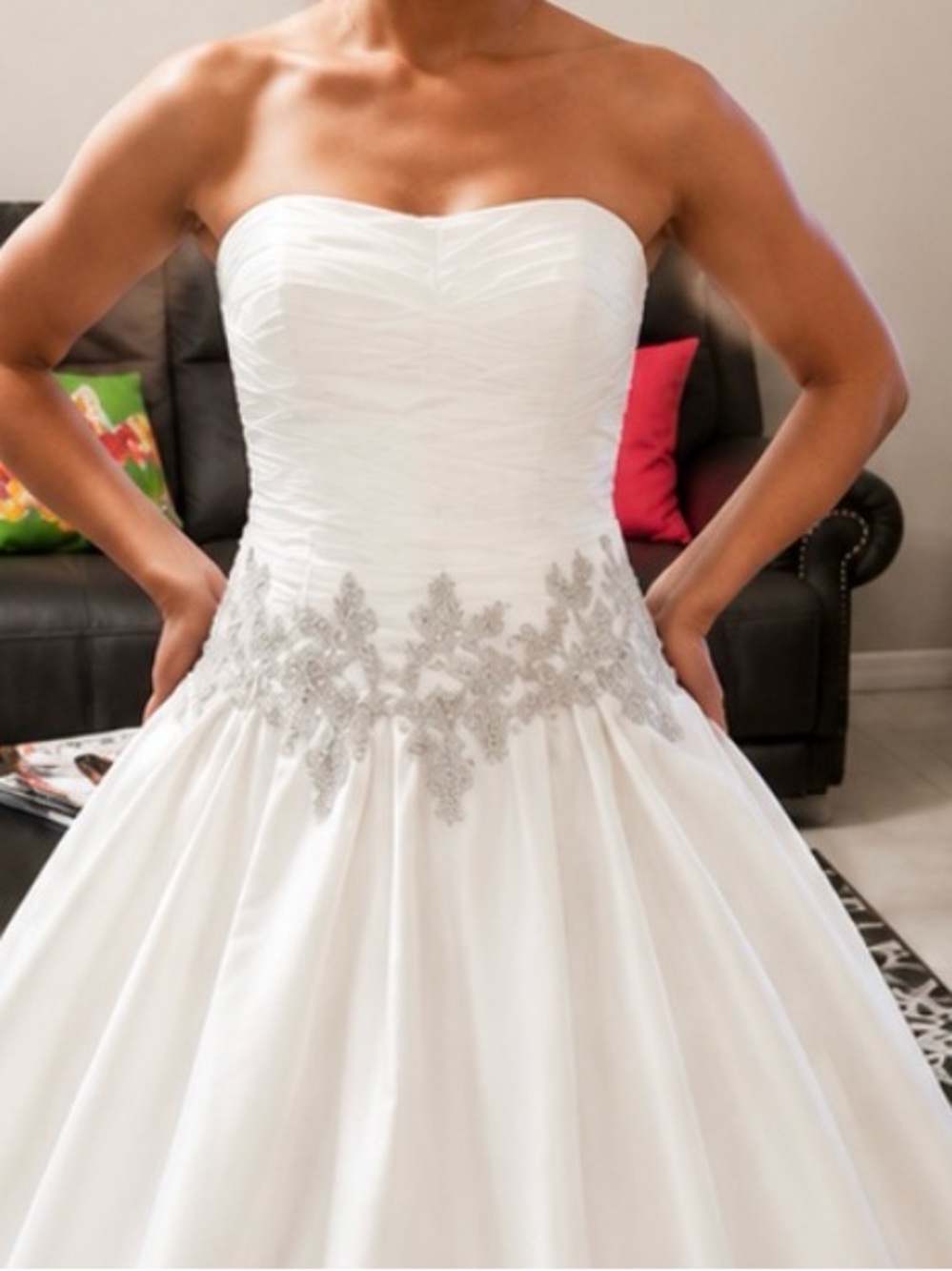 David's Bridal Ivory White Strapless Ball Gown with Silver Appliqué